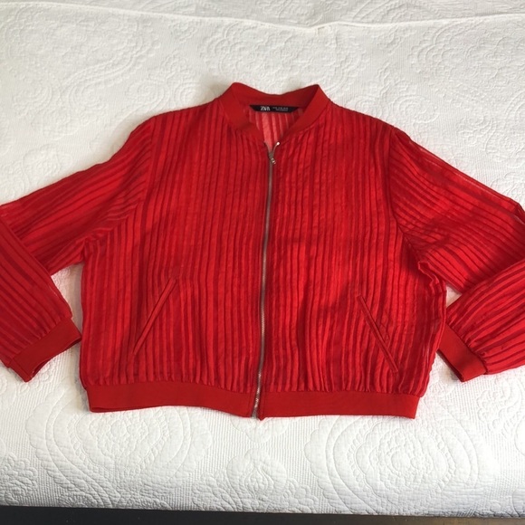ZARA RED STRIPED ORGANZA BOMBER JACKET SIZE XS - Picture 11 of 12